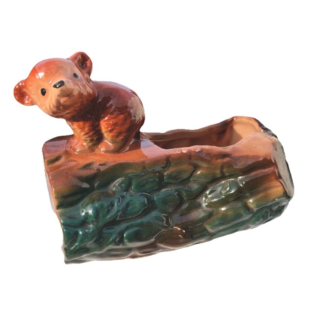 Vtg 50s USA McCoy Pottery Bear Cub Wood Log Planter Vase Trinket Pot Cabin Decor